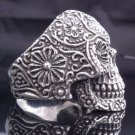AMAZING STERLING 925 SILVER TRIBAL FLOWER SKULL KING RING US sz 9