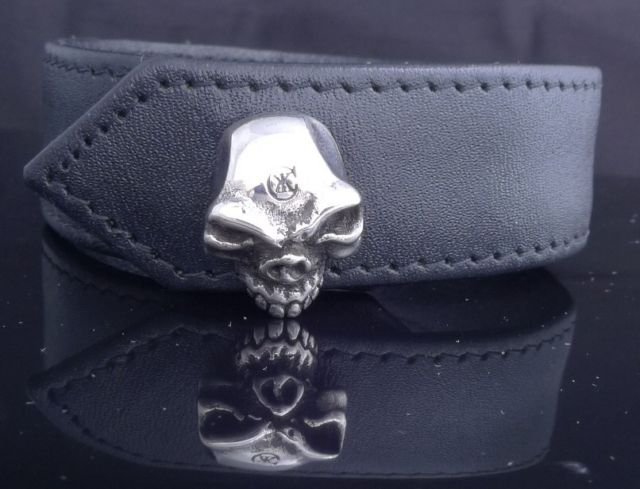 CUSTOM STERLING 925 SILVER SKULL BIKER CHOPPER LEATHER BRACELET 7.5"