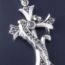 925 STERLING SILVER GOTHIC CROSS HEART BLACK ZIRCONIA GEM BIKER PENDANT