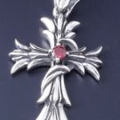 925 STERLING SILVER GOTHIC FLEUR CROSS RED ZIRCONIA GEM BIKER PENDANT