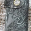 BIFOLD CARVED DRAGON BIKE RIDER CALF LEATHER WALLET SILVER BRASS SKULL CONCHO