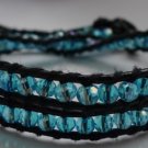 Beaded Blue Crystal Stones Leather Wrap 2 Rows Bracelet adjustable!