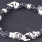 925 STERLING SILVER SKULL BEADS LEATHER TRIBAL KING BIKER  BRACELET 7.5"-9"