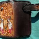 BIFOLD CARVED TRIBAL BULLHOR FLOWER FEATHER INDIAN CALF LEATHER CHOPPER WALLET