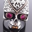 925 STERLING SILVER GOLD PLATED SKULL RED ZIRCON GEMEYE BIKER RING US sz 7 to 15