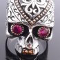 925 STERLING SILVER GOLD PLATED SKULL RED ZIRCON GEMEYE BIKER RING US sz 7 to 15