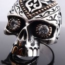 925 STERLING SILVER GOLD PLATED SKULL JAW ZIRCON GEMEYE BIKER RING US sz 7 to 15