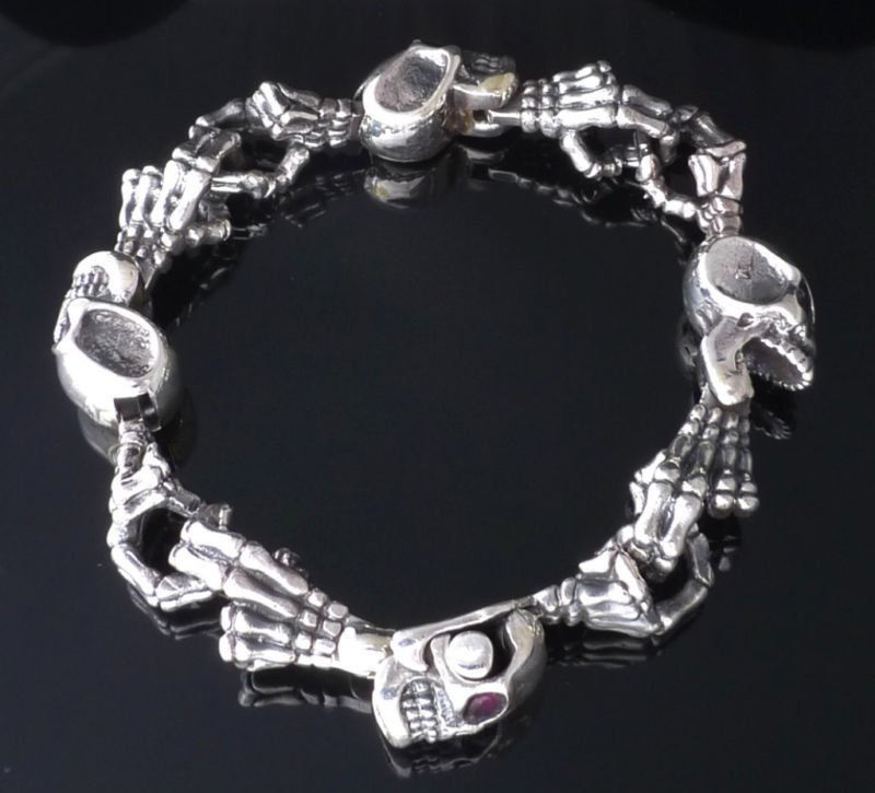 925 SOLID STERLING SILVER SKULL GEM EYE MEN'S BIKER BRACELET 7.5"-9"