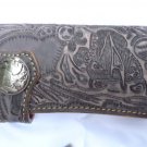 BIFOLD CARVED DRAGON GRAY CALF LEATHER WALLET WITH CONCHO