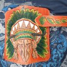 BIFOLD CARVED COLORFUL INDIAN HEAD CALF LEATHER WALLET WITH CONCHO