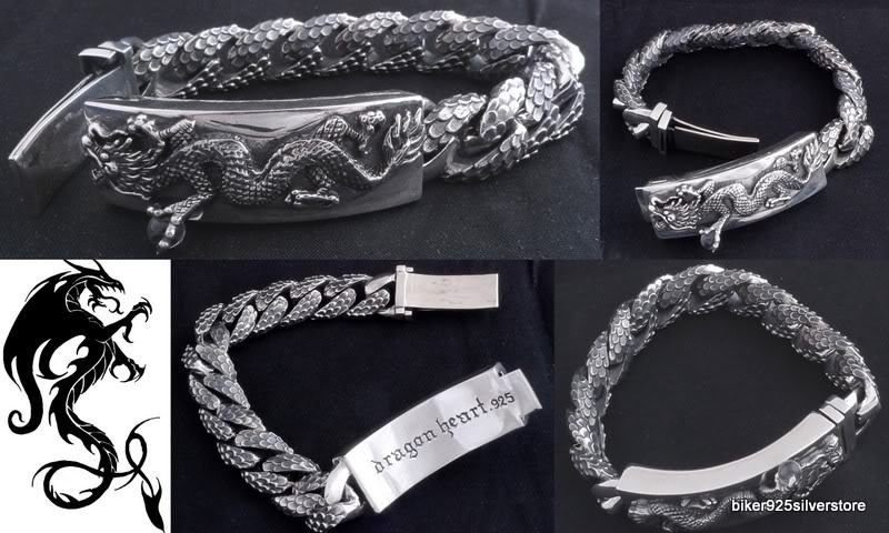 FANCY TRIBAL BIKER DRAGON 925 STERLING SILVER CHAIN BRACELET 8.5"