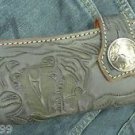 CARVED BI FOLD CALF GREEN AND GRAY DRAGON CHOPPER BIKER WALLET