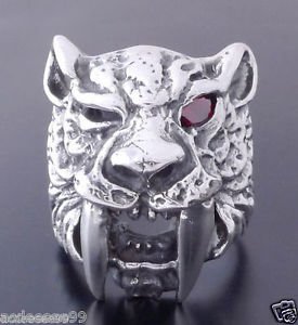 925 STERLING SILVER RED GARNET TIGER  BIKER RING  US sz 13