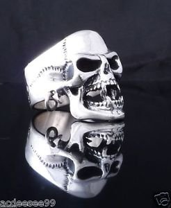 STERLING SILVER PIERCED SKULL JAW BIKER CHOPPER MEN´S RING US sz 11.5