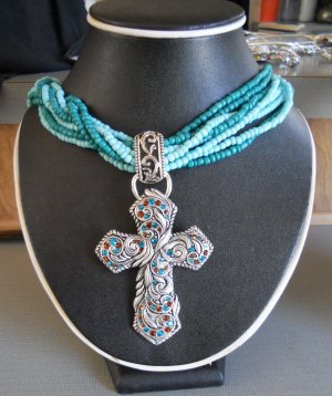 Cross Pendant Necklace made w/ Turquoise Beads (AN#10)