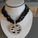 Round Pendant w/Cross Necklace made w/ Black Beads (AN#12)