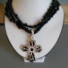 Cross w Spur Pendant Necklace made w/ Black Beads (AN #14)