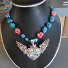 Heart W/Wings Pendant Necklace made w/ Red & Turquoise Beads (AN#16)