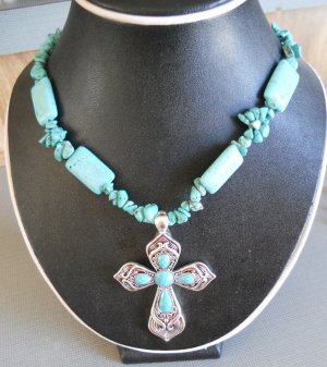 Cross Pendant Necklace made w/ Turquoise Beads (AN#19)