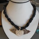 Bling Heart w/Wings Pendant Necklace made w/ Black Beads (AN#25)