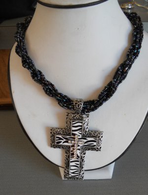 Cross Pendant Necklace with Black Beads (AN#24)