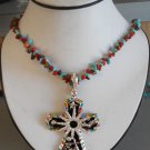 Cross Pendant Necklace made w/ Red & Brown & Turquoise Beads (AN#27)
