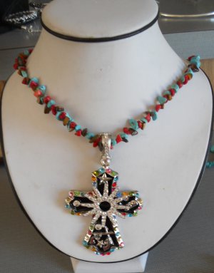 Cross Pendant Necklace made w/ Red & Brown & Turquoise Beads (AN#27)