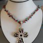 Cross Pendant Necklace made w/ Red & Brown & Turquoise Beads (AN#27)