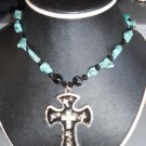 Cross Pendant Necklace made w/ Turquoise and Black Beads (AN#32)
