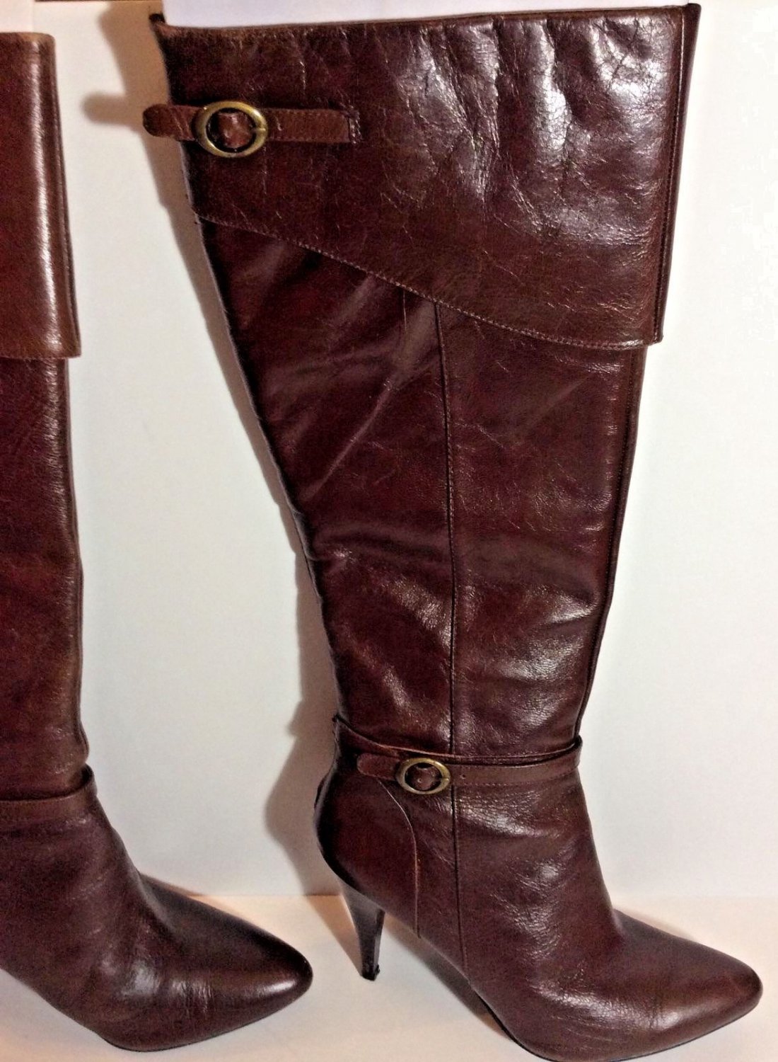 Nine West Brown Leather Zip Knee High Heel Boots Buckle Size 9.5 M