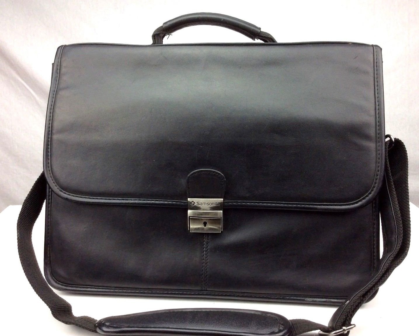 Samsonite Leather Briefcase Black Flapover Laptop Computer Messenger