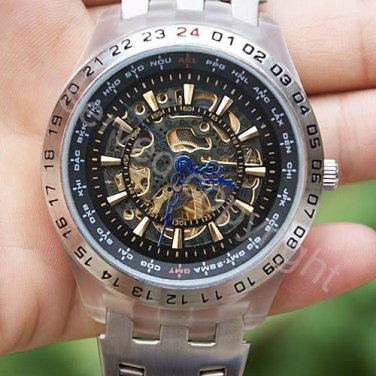 Luxury Skeleton Auto /Wind Up Mechanical Men's Wrist Watch Black Dial