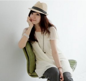 Vogue Round Neck Lotus Leaf Sleeve Chiffon Blouse Beige Color
