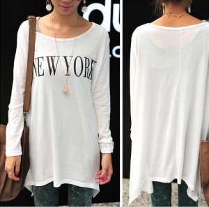 Stylish Letters Printed Irregular Lap Loose T-shirt White