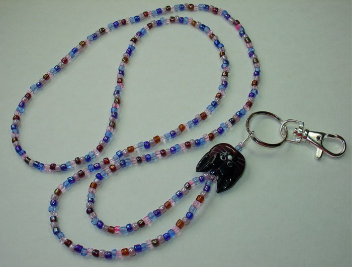 ADORABLE PURPLE KITTY CAT~BEADED LANYARD~ID BADGE HOLDER~LANYARDS