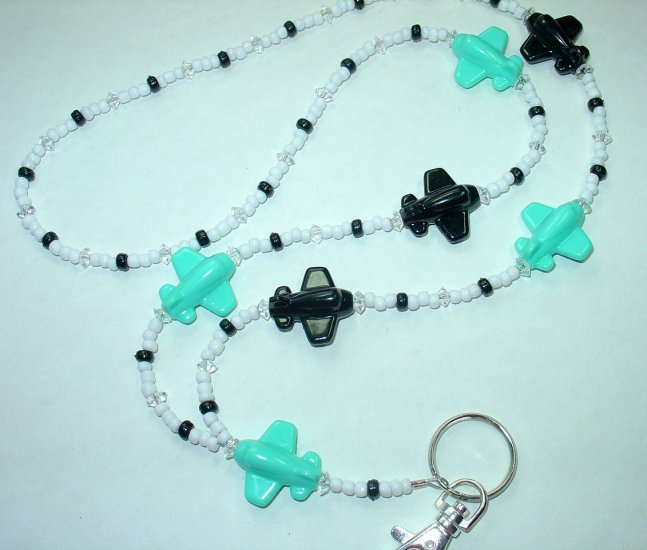 BLACK & AQUA AIRPLANES~BEADED LANYARD~ID BADGE HOLDER~LANYARDS