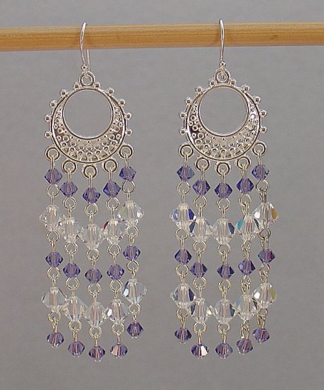 SWAROVSKI~TANZANITE~CLEAR CRYSTAL~STERLING SILVER CHANDELIER EARRINGS