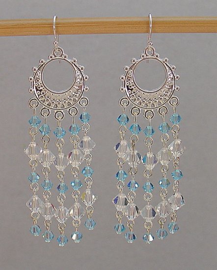 SWAROVSKI~AQUAMARINE~CRYSTAL~STERLING SILVER CHANDELIER EARRINGS
