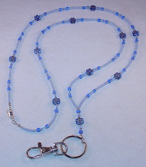 SAPPHIRE BLUE FLOWER~BEADED LANYARD~ID BADGE HOLDER~LANYARD~BREAK AWAY