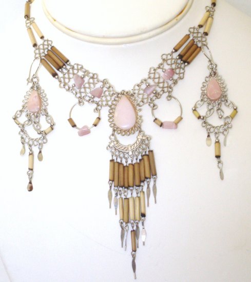 Alpaca and Bambu necklace set - Rose Quartz