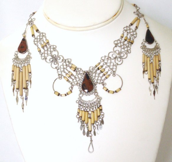 Alpaca silver and bambu necklace set - Tiger Eye