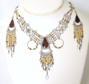 Alpaca silver and bambu necklace set - Tiger Eye