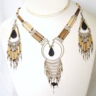 Alpaca silver and bambu necklace set - Obsidian