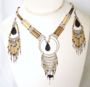 Alpaca silver and bambu necklace set - Obsidian