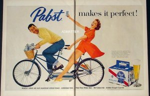 RARE 1958 Pabst Blue Ribbon Beer Ad Bicycle Built for 2