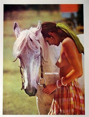 Old 2-sided pinup girl print Topless Cowgirl with Horse