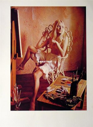 Old  2-sided pinup girl print Topless Artist Painting