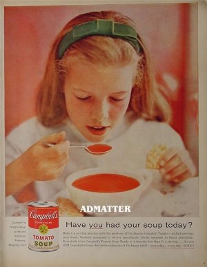 1958 Campbell Tomato Soup Ad cute little girl model.
