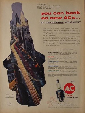 1957 AC Spark Plug Ad view of Michigan Ave Chicago