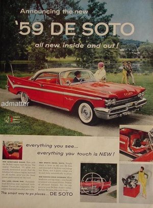 1958 Ford Car Ad featuring a red & white 1959 De Soto